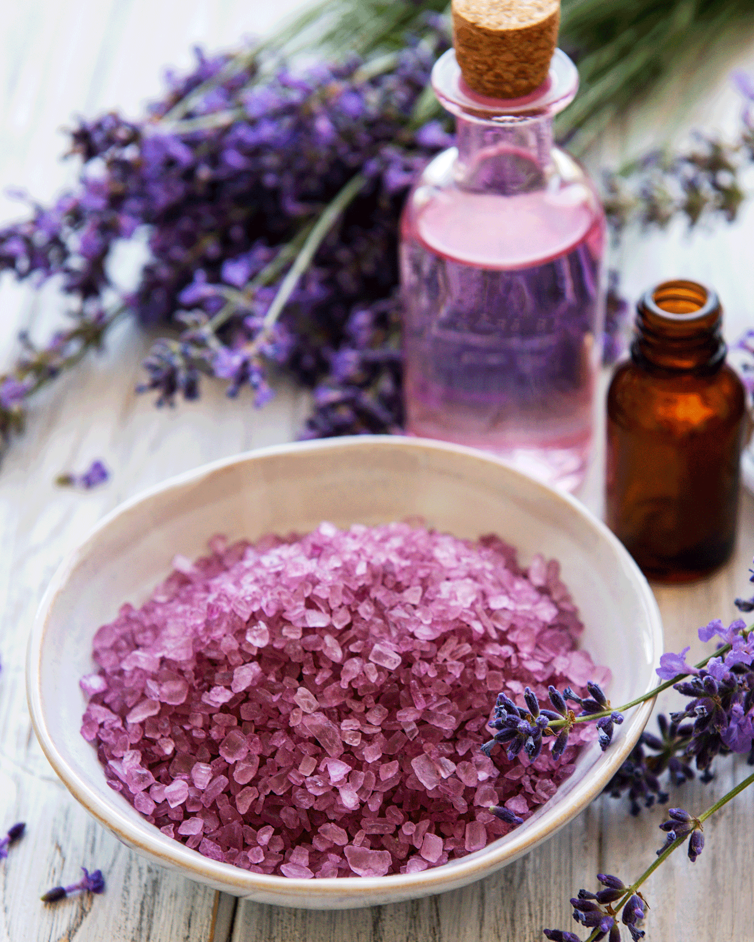 Close up of lavender body products and scrub.