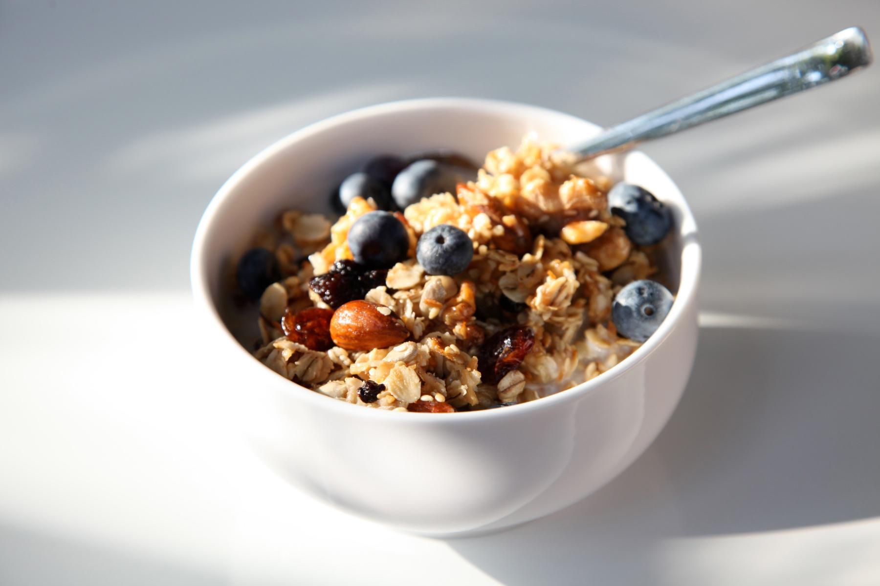 Close-up of bowl of yogurt with granola and blueberries on top.